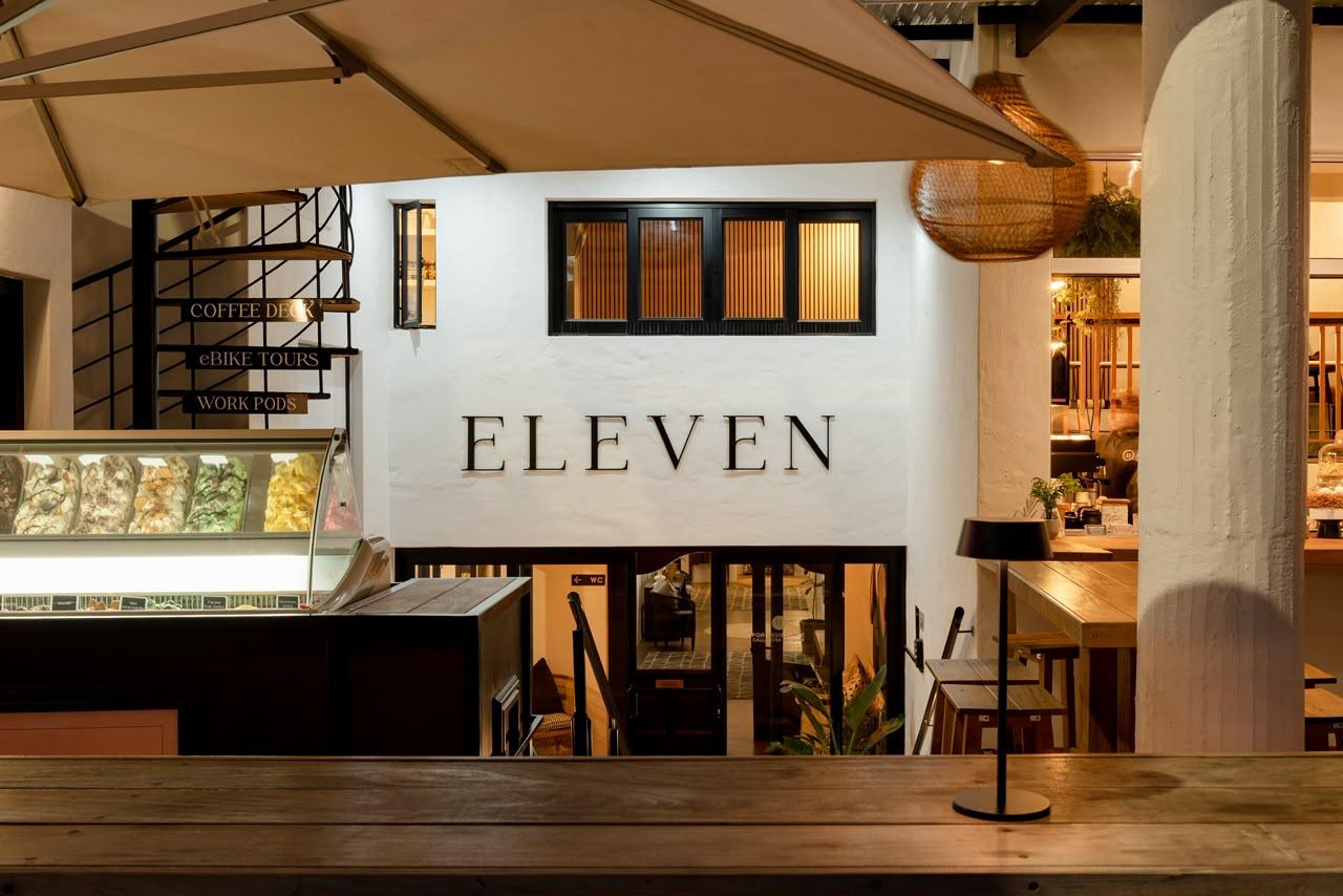 Eleven Hotel entrance at night