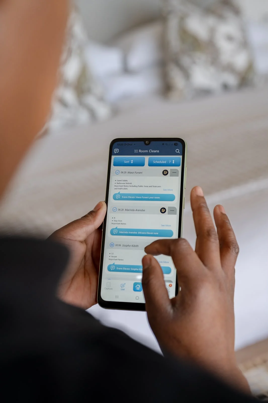 Host app showing scheduled room cleans at Eleven Hotel